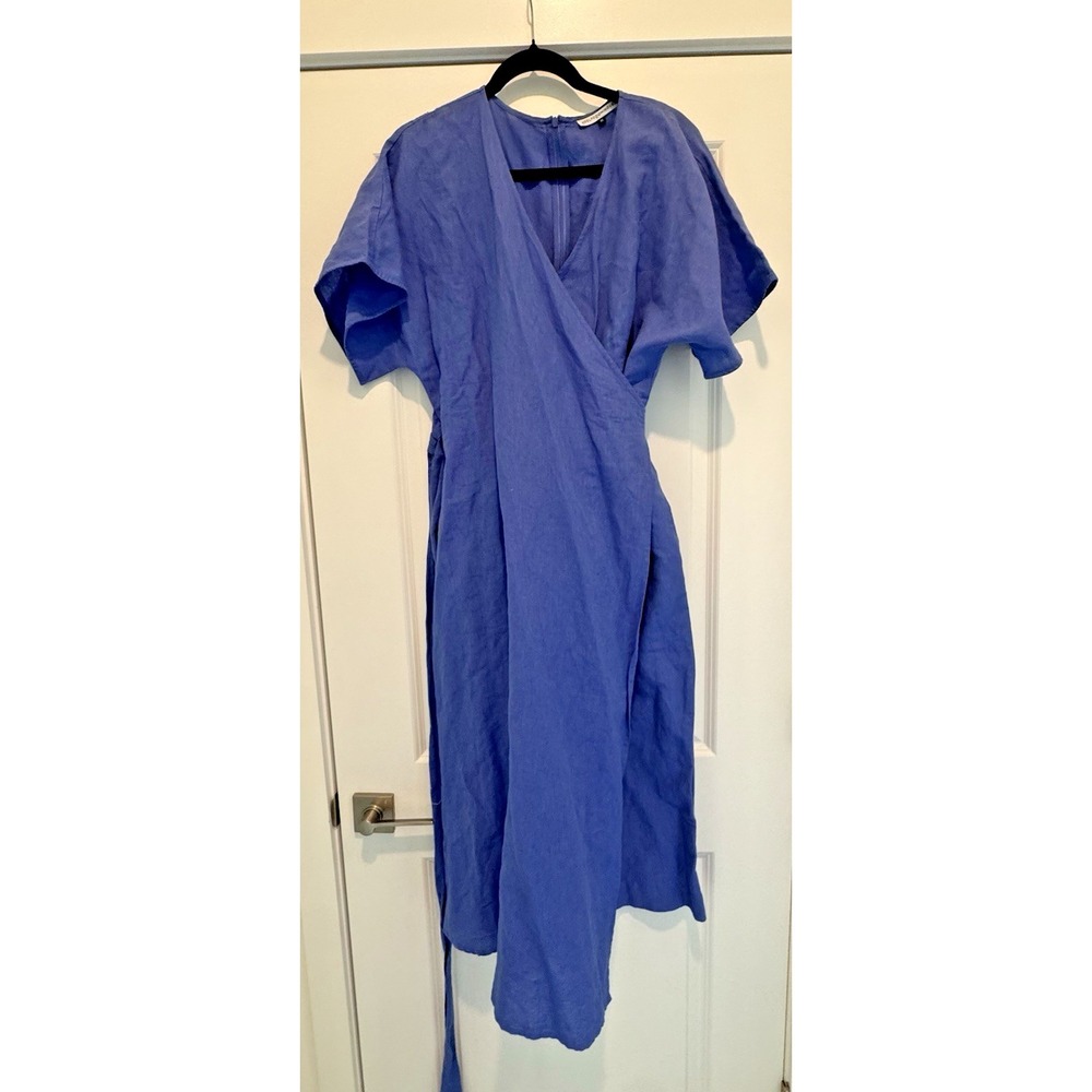 Adolfo Dominguez XL 100% Linen Wrap Jumpsuit Blue Wide Leg Tie Waist India Made - Picture 2 of 15